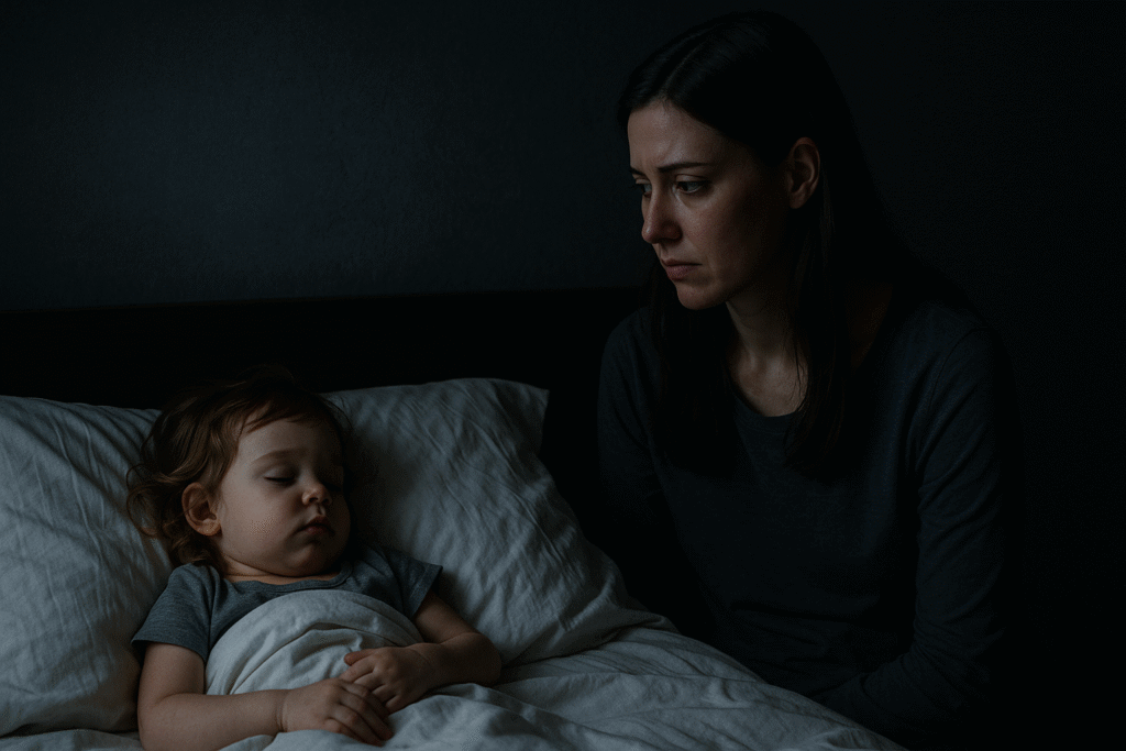 Woman Reflecting on Inner Child in Bed | Brainspotting Charlotte, NC | Brainspotting online in North Carolina | Brainspotting for Trauma South Carolina | 28202 | 27513 | 29715 A woman gently gazes at her younger self in bed, symbolizing the healing journey from childhood trauma through Brainspotting. Begin Brainspotting for trauma in Charlotte, NC or online in North or South Carolina today.