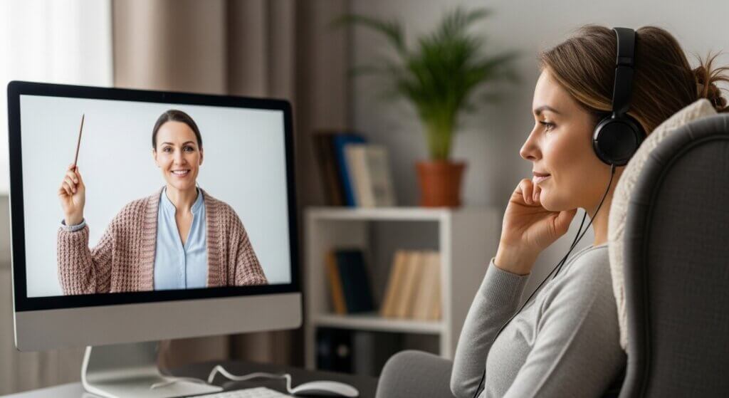 Woman wearing headphones during an online Brainspotting therapy session from her home in Durham NC | Trauma Therapy | Anxiety Therapy 