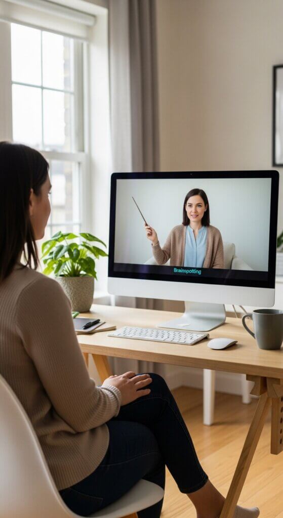 Woman doing Brainspotting therapy at her computer during an online therapy session. Virtual Brainspotting therapy for trauma, anxiety, ADHD, and depression in North Carolina, South Carolina, Tennessee, and Illinois. In-network with Cigna and United in NC, TN, IL and Aetna in North Carolina. Schedule your Brainspotting therapy consultation today.